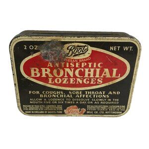 Boots Antiseptic Tin Bronchial Lozenges England 4 x 1" Black Gold Red Hinged Lid